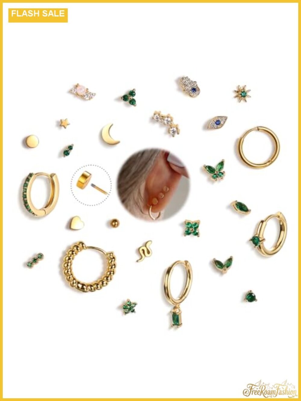 25 Pcs Hypoallergenic 14K Gold Plated Surgical Steel Flat Back Earrings Set